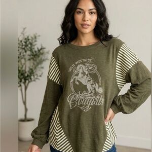 Very J "Wild West Cowgirl" Striped Contrast Graphic Top